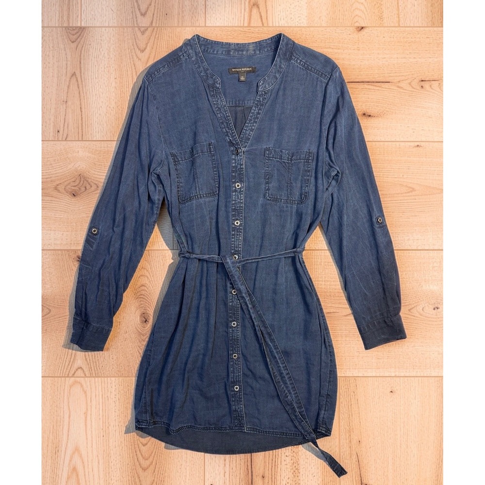 Banana Republic Blue Lyocell Denim Shirt Dress Long Sleeve Belted Size 14